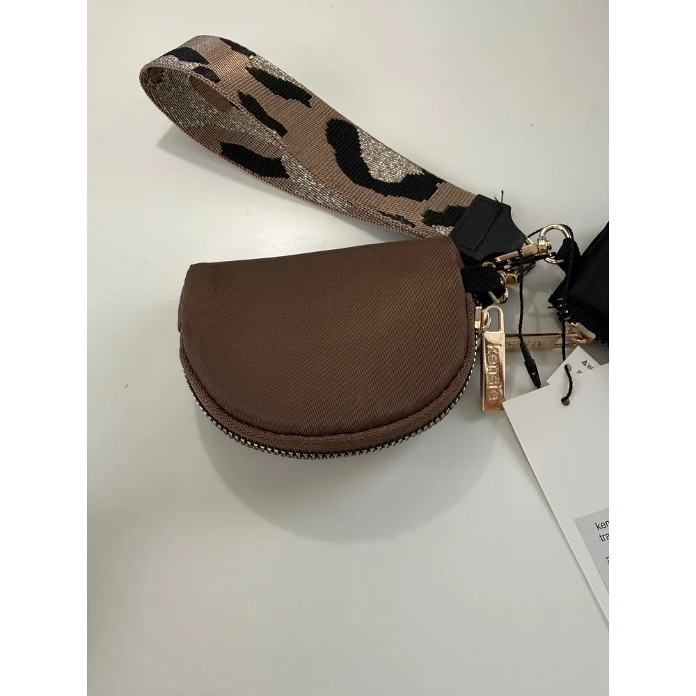 Kensie Multi Pouch Wristlet Black Brown Nylon Purse Leopard Strap Keychain‎ NEW